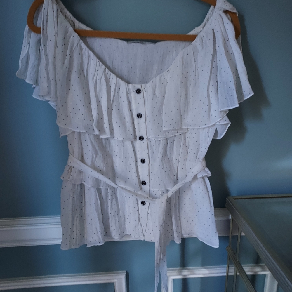 Sympli White Polka Dot Ruffled Blouse